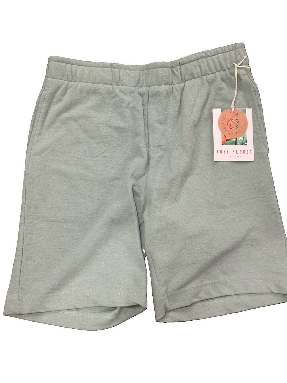 NWT Free Planet Mens Organic Cotton Knit Terry Drawstring Shorts Green- Sz S